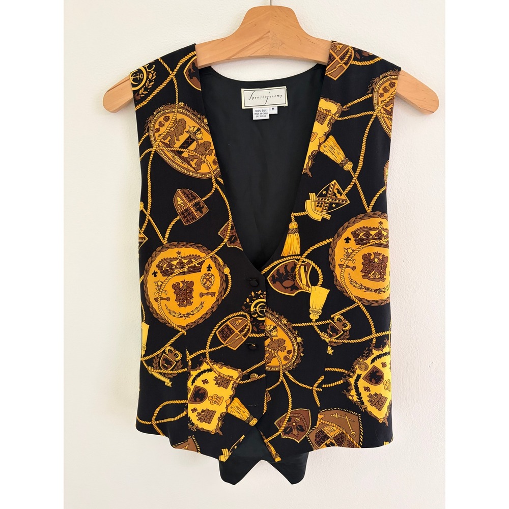 Vintage 90s Silk Vest Baroque Gold Chain‎ Crest Print Mob Wife Black M
